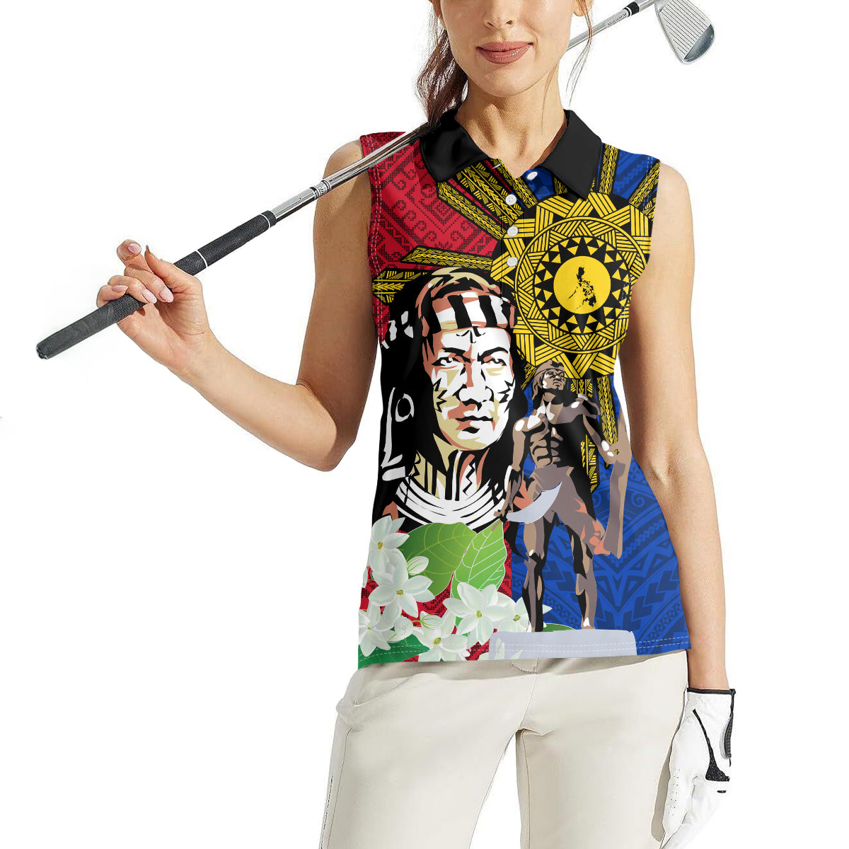 Philippines Lapu-Lapu Women Sleeveless Polo Shirt Filipino Sun Tattoo With Yakan Pattern