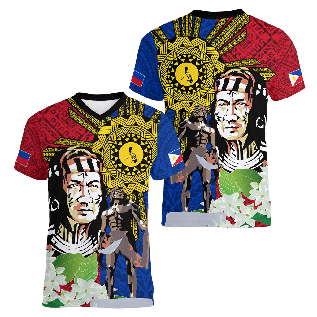 Philippines Lapu-Lapu Women V-Neck T-Shirt Filipino Sun Tattoo With Yakan Pattern