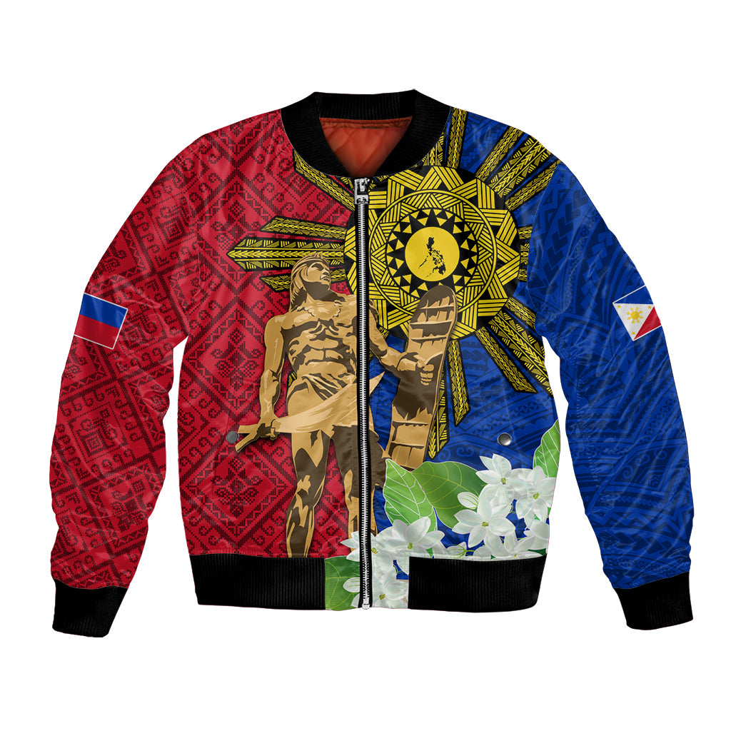 Philippines Lapu Lapu King Jasmine Flowers Bomber Jacket Filipino Sun Tattoo