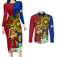 Philippines Lapu Lapu King Jasmine Flowers Couples Matching Long Sleeve Bodycon Dress and Long Sleeve Button Shirt Filipino Sun Tattoo