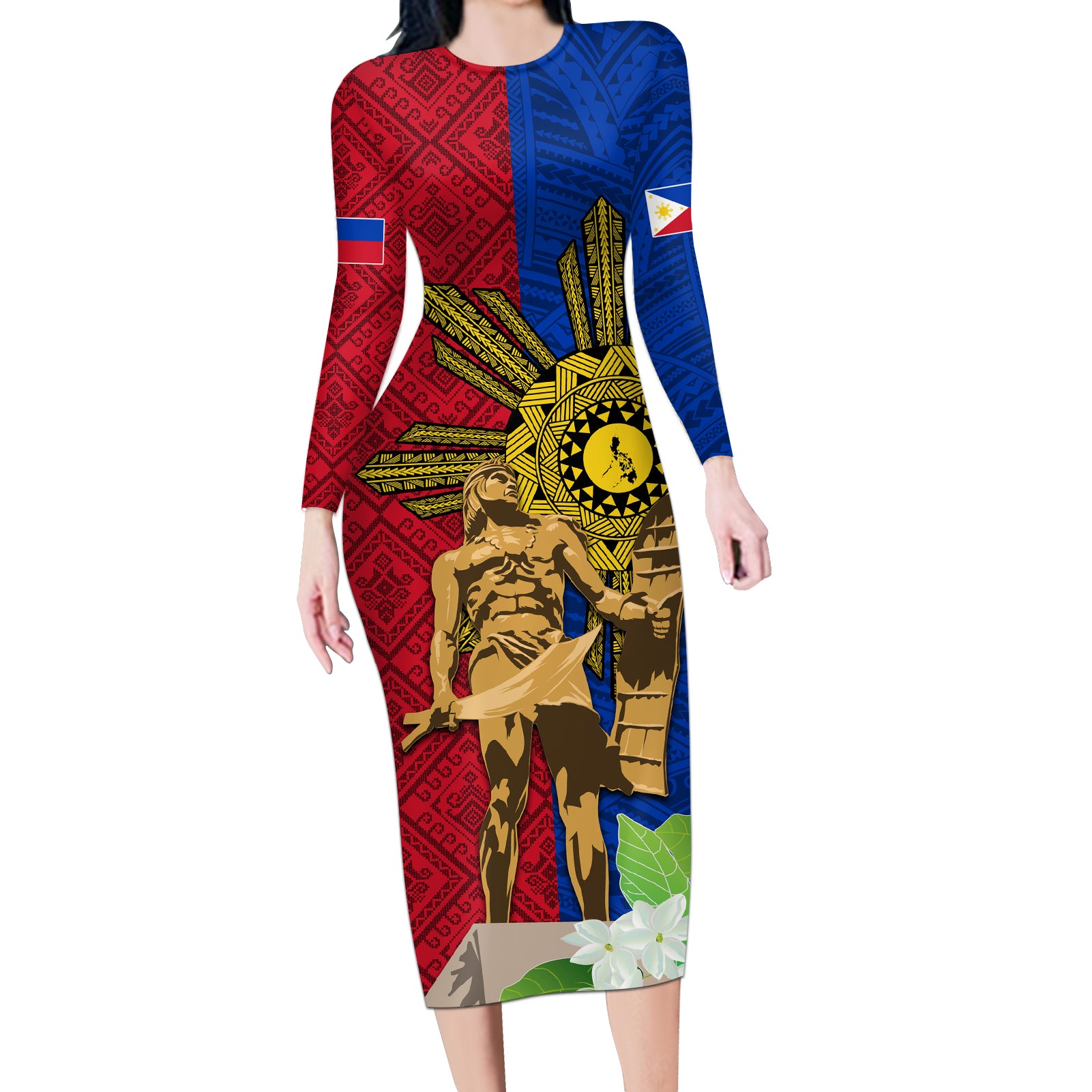 Philippines Lapu Lapu King Jasmine Flowers Long Sleeve Bodycon Dress Filipino Sun Tattoo