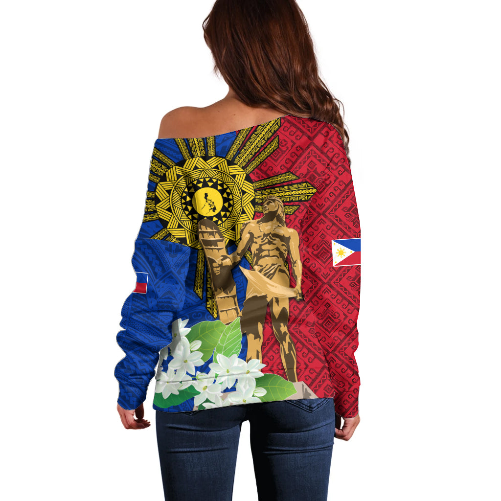 Philippines Lapu Lapu King Jasmine Flowers Off Shoulder Sweater Filipino Sun Tattoo