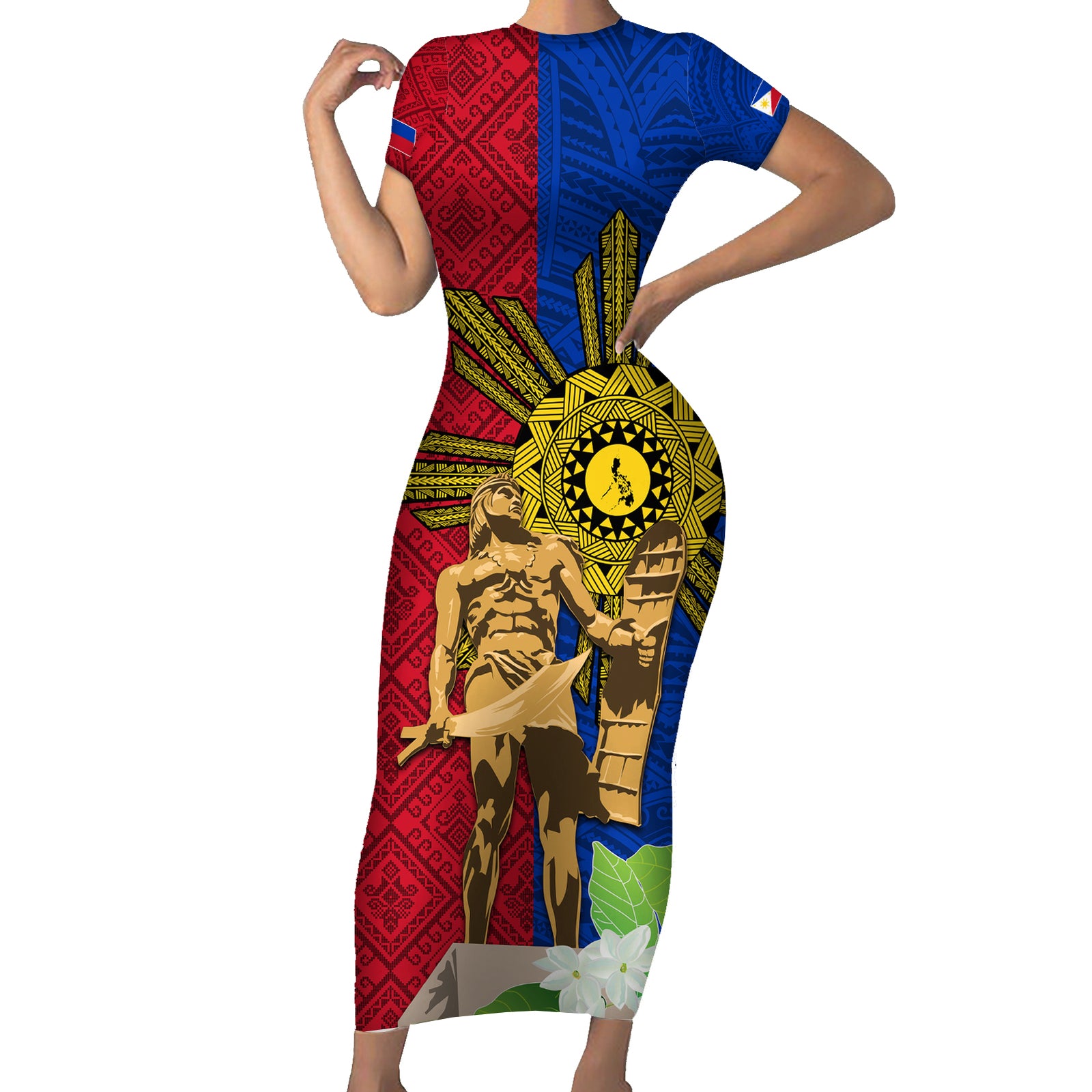Philippines Lapu Lapu King Jasmine Flowers Short Sleeve Bodycon Dress Filipino Sun Tattoo