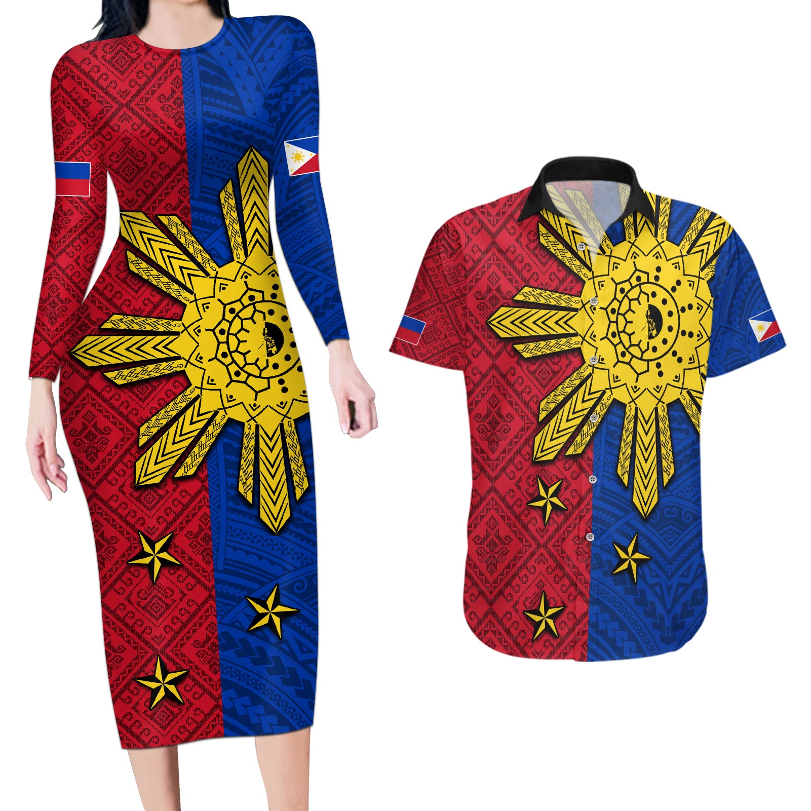 Philippines Sun Batok Tattoo Couples Matching Long Sleeve Bodycon Dress and Hawaiian Shirt Polynesian and Yakan Pattern