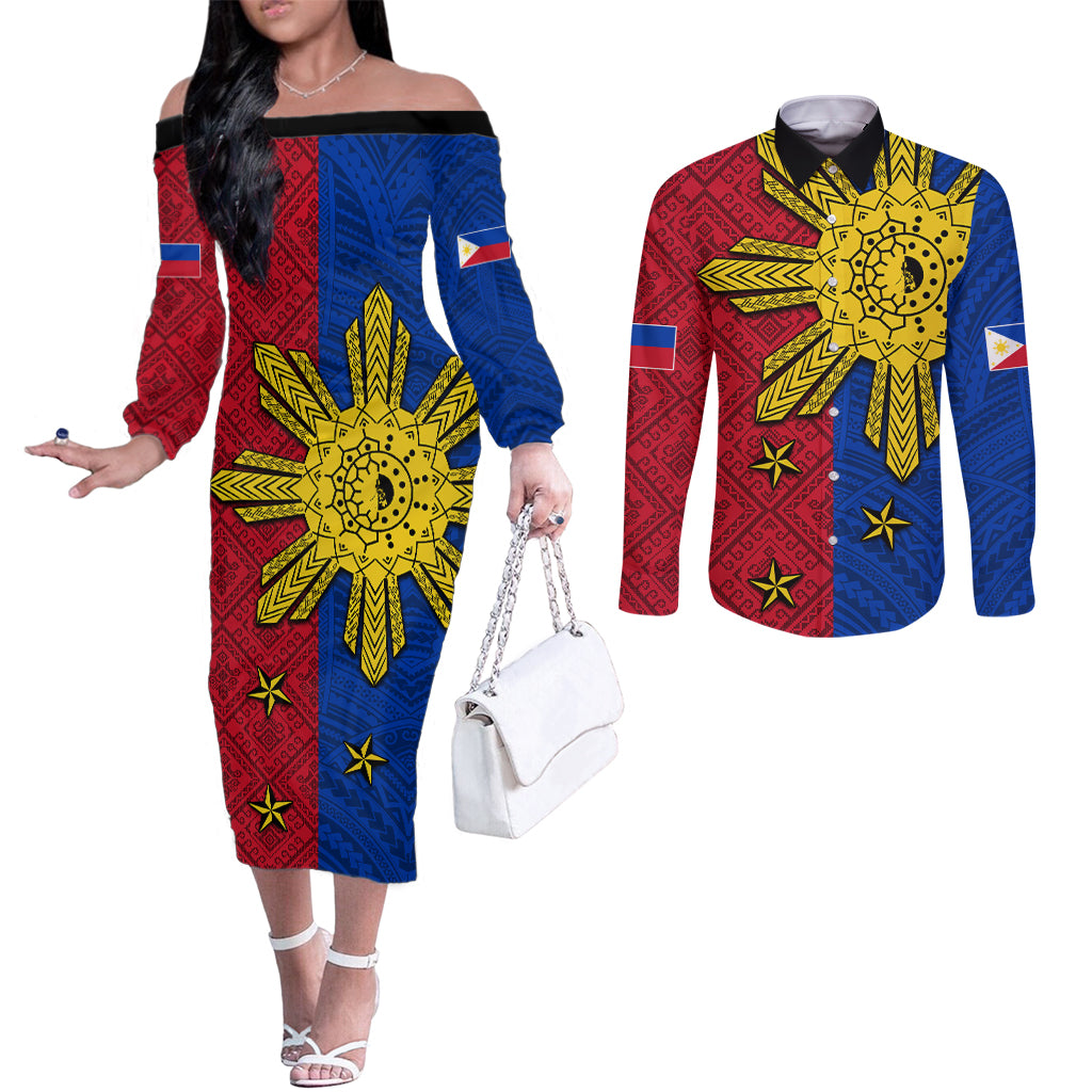 Philippines Sun Batok Tattoo Couples Matching Off The Shoulder Long Sleeve Dress and Long Sleeve Button Shirt Polynesian and Yakan Pattern