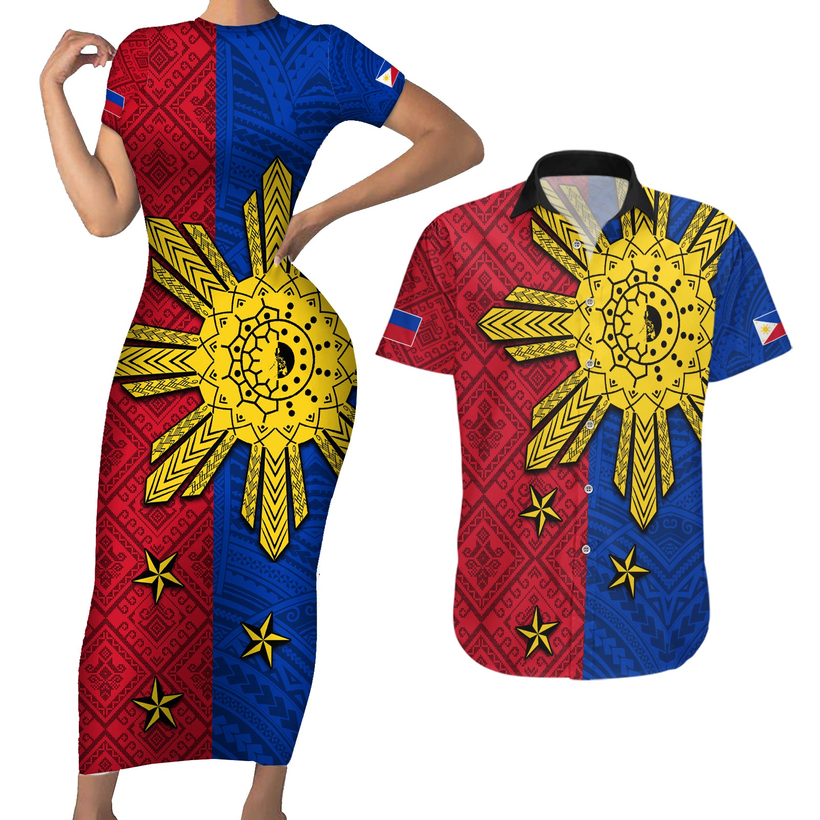 Philippines Sun Batok Tattoo Couples Matching Short Sleeve Bodycon Dress and Hawaiian Shirt Polynesian and Yakan Pattern