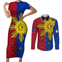Philippines Sun Batok Tattoo Couples Matching Short Sleeve Bodycon Dress and Long Sleeve Button Shirt Polynesian and Yakan Pattern