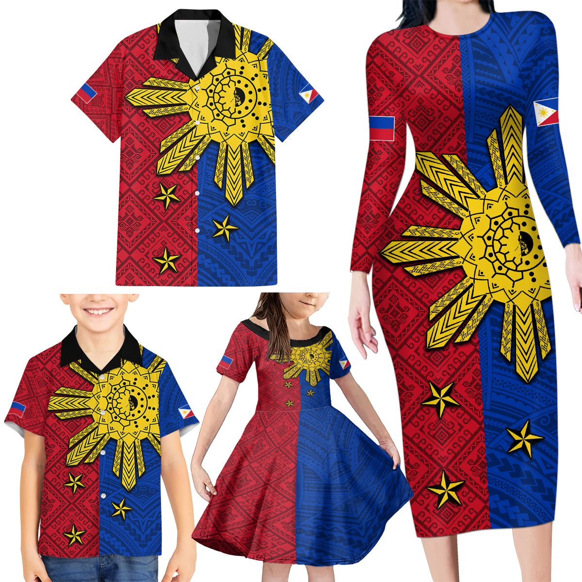 Philippines Sun Batok Tattoo Family Matching Long Sleeve Bodycon Dress and Hawaiian Shirt Polynesian and Yakan Pattern