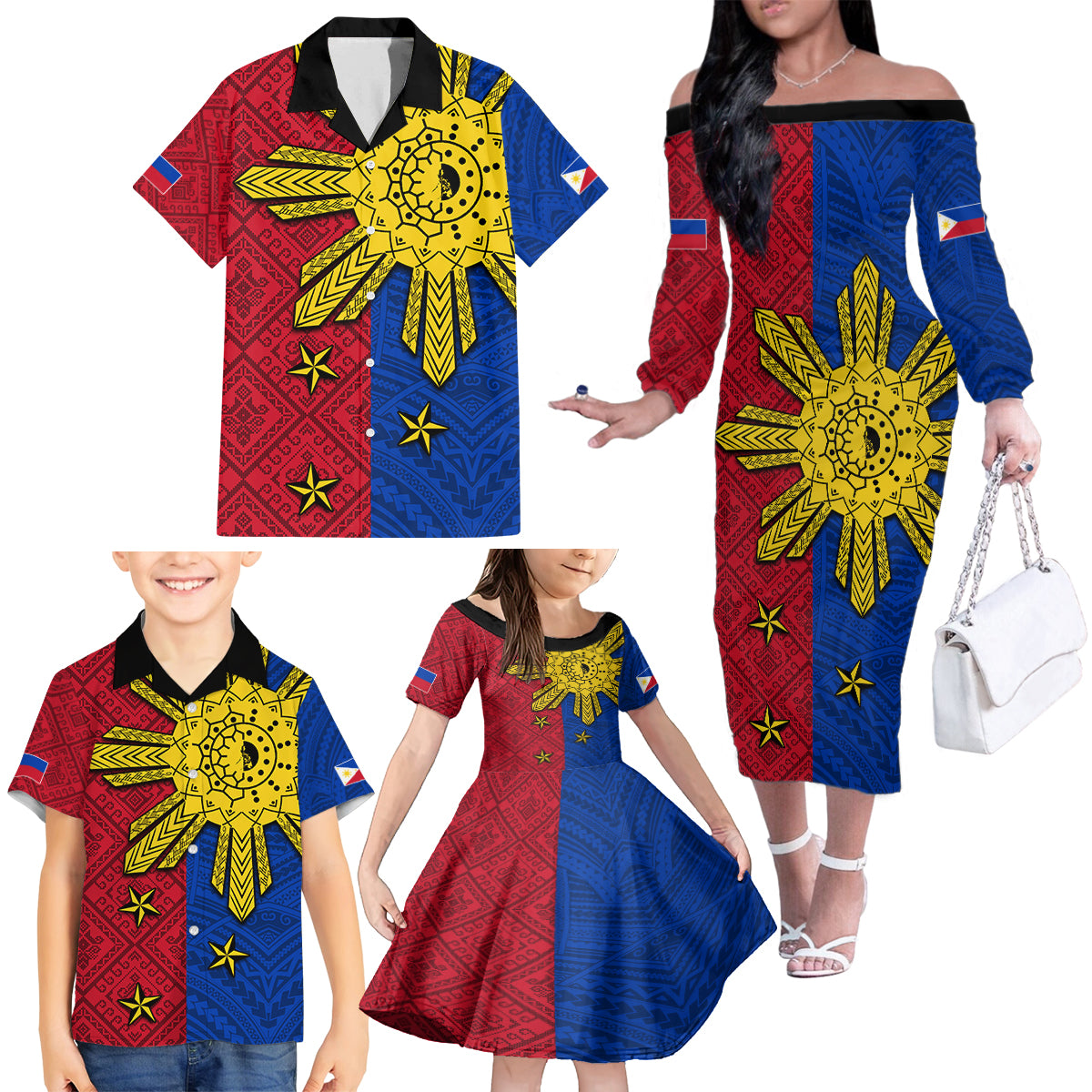 Philippines Sun Batok Tattoo Family Matching Off The Shoulder Long Sleeve Dress and Hawaiian Shirt Polynesian and Yakan Pattern