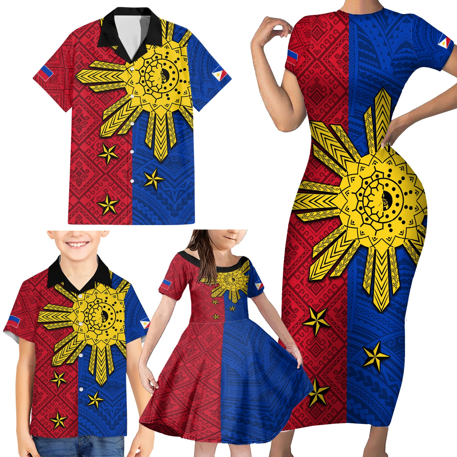 Philippines Sun Batok Tattoo Family Matching Short Sleeve Bodycon Dress and Hawaiian Shirt Polynesian and Yakan Pattern