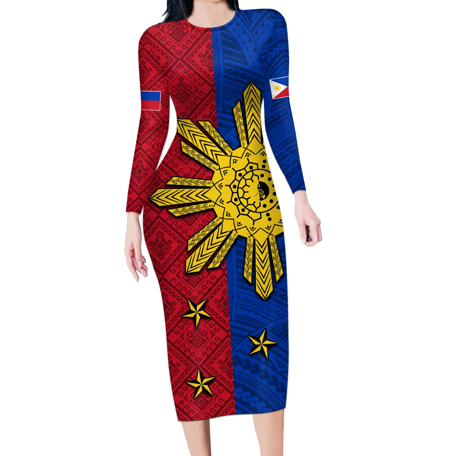 Philippines Sun Batok Tattoo Long Sleeve Bodycon Dress Polynesian and Yakan Pattern