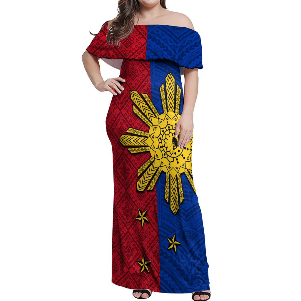 Philippines Sun Batok Tattoo Off Shoulder Maxi Dress Polynesian and Yakan Pattern