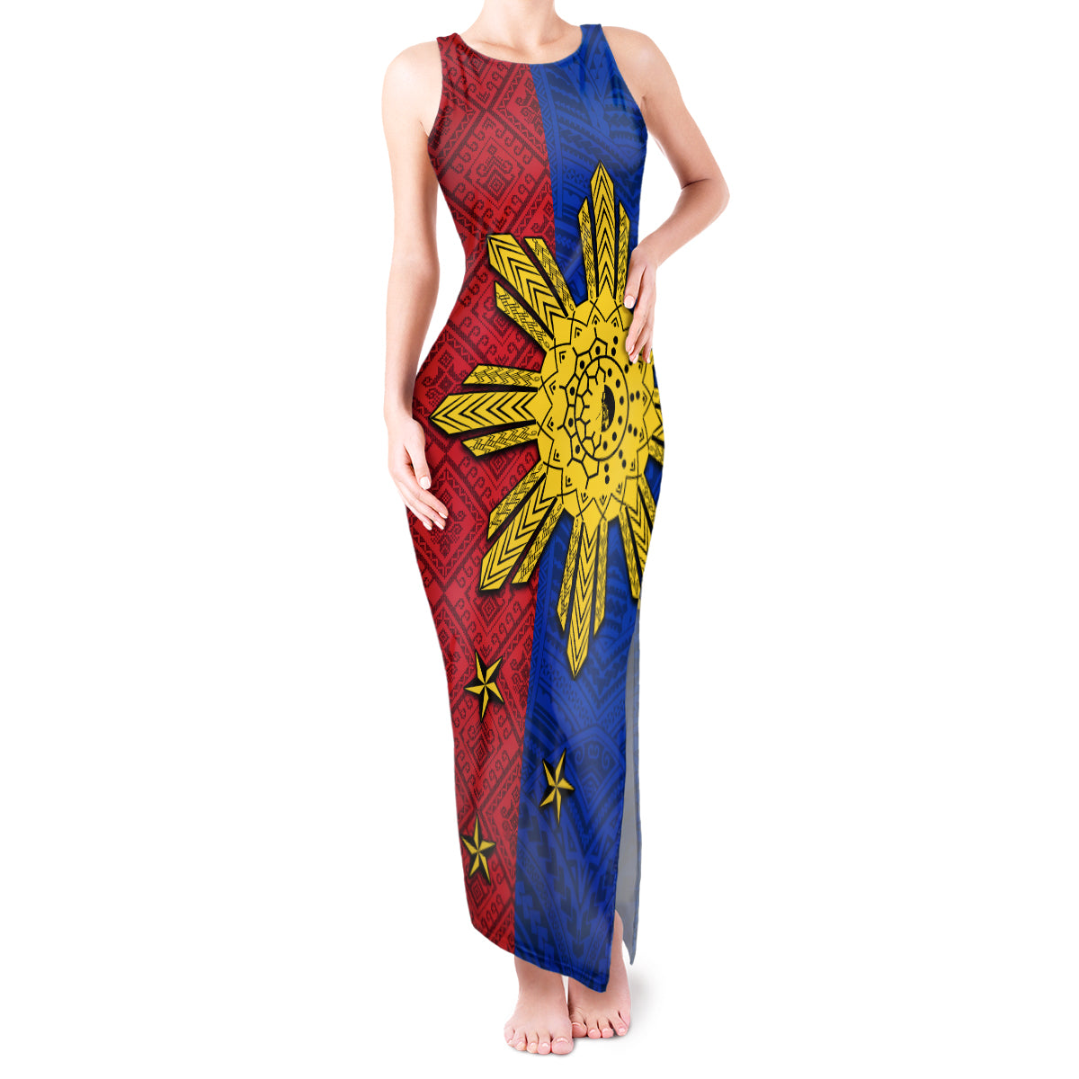 Philippines Sun Batok Tattoo Tank Maxi Dress Polynesian and Yakan Pattern