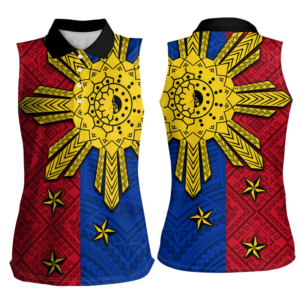 Philippines Sun Batok Tattoo Women Sleeveless Polo Shirt Polynesian and Yakan Pattern