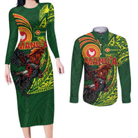 Proud of Manu'a Islands Couples Matching Long Sleeve Bodycon Dress and Long Sleeve Button Shirt Rooster and Polynesian Art Wing Style