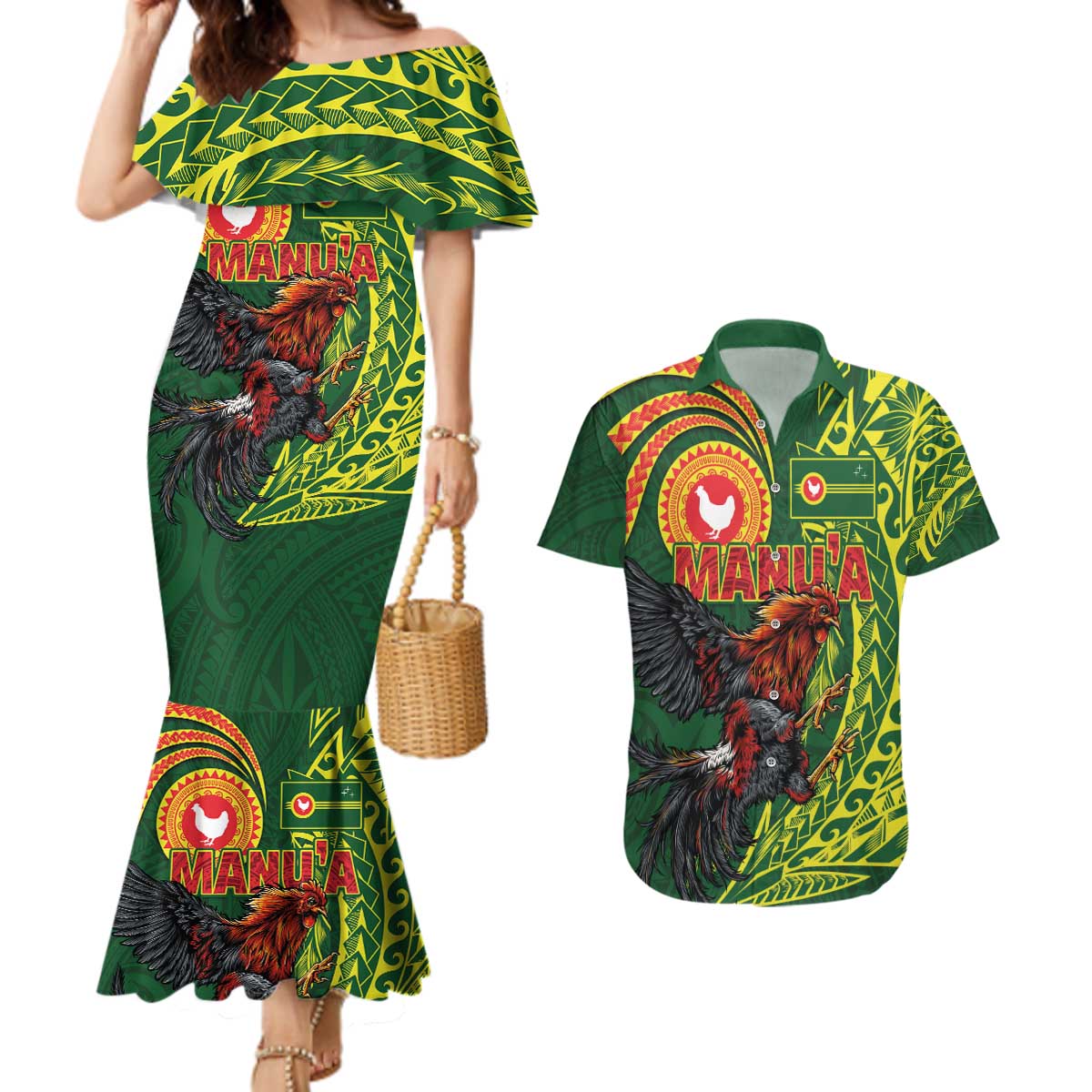 Proud of Manu'a Islands Couples Matching Mermaid Dress and Hawaiian Shirt Rooster and Polynesian Art Wing Style