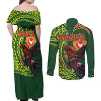 Proud of Manu'a Islands Couples Matching Off Shoulder Maxi Dress and Long Sleeve Button Shirt Rooster and Polynesian Art Wing Style