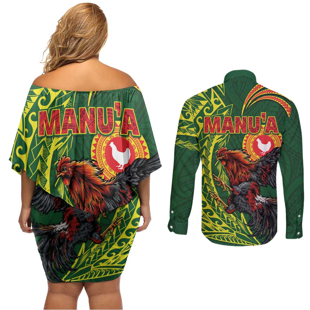 Proud of Manu'a Islands Couples Matching Off Shoulder Short Dress and Long Sleeve Button Shirt Rooster and Polynesian Art Wing Style