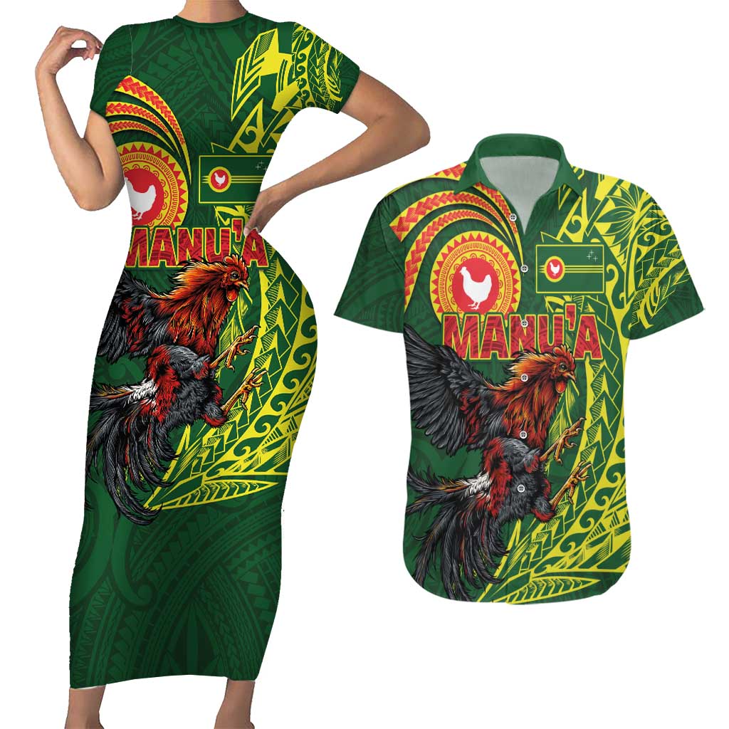 Proud of Manu'a Islands Couples Matching Short Sleeve Bodycon Dress and Hawaiian Shirt Rooster and Polynesian Art Wing Style