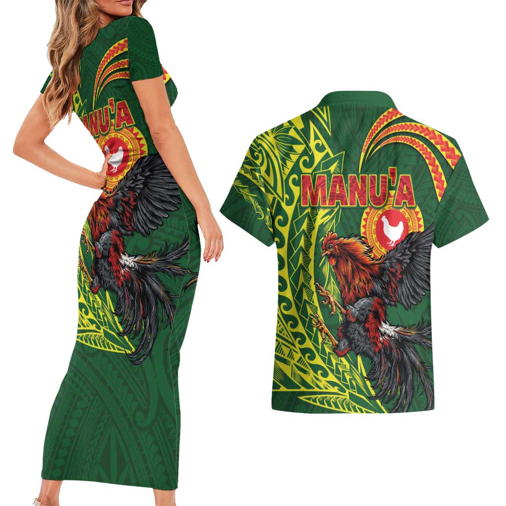 Proud of Manu'a Islands Couples Matching Short Sleeve Bodycon Dress and Hawaiian Shirt Rooster and Polynesian Art Wing Style