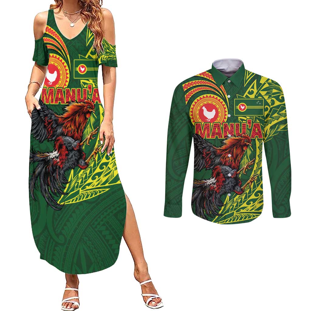 Proud of Manu'a Islands Couples Matching Summer Maxi Dress and Long Sleeve Button Shirt Rooster and Polynesian Art Wing Style