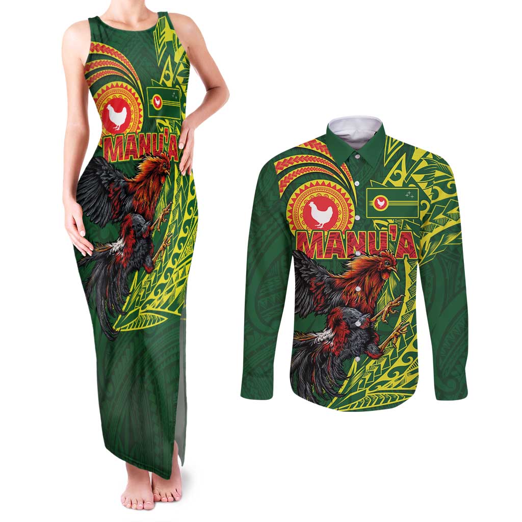 Proud of Manu'a Islands Couples Matching Tank Maxi Dress and Long Sleeve Button Shirt Rooster and Polynesian Art Wing Style LT03 Green - Polynesian Pride