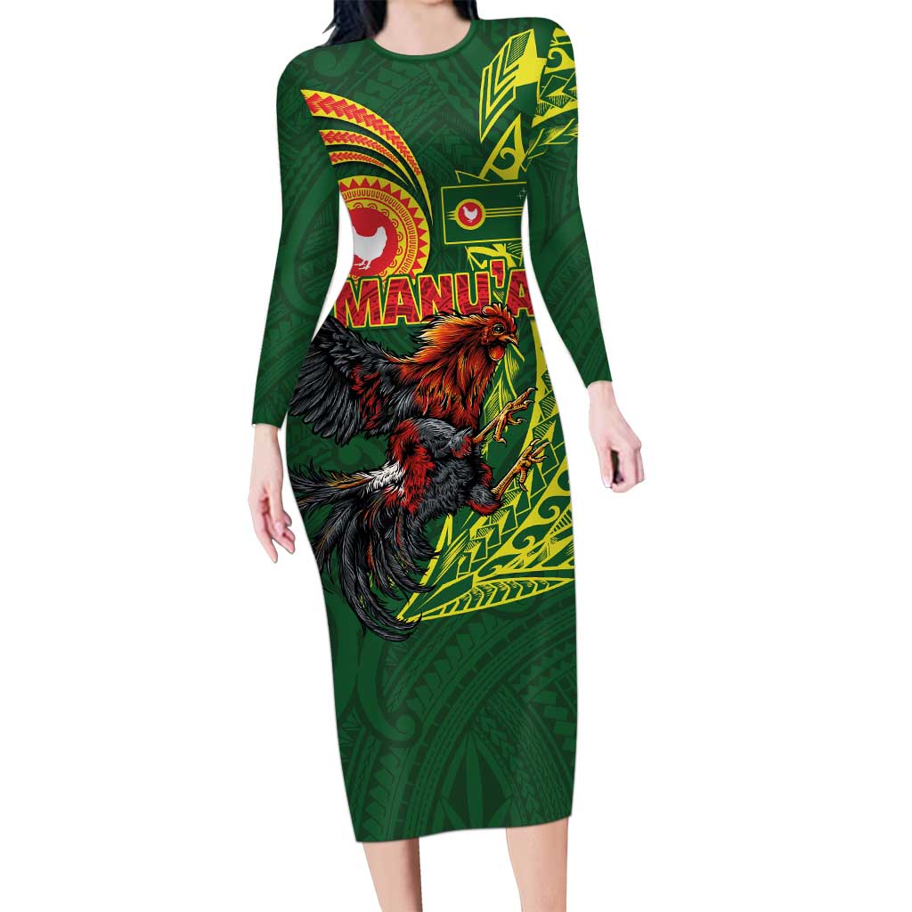 Proud of Manu'a Islands Family Matching Long Sleeve Bodycon Dress and Hawaiian Shirt Rooster and Polynesian Art Wing Style