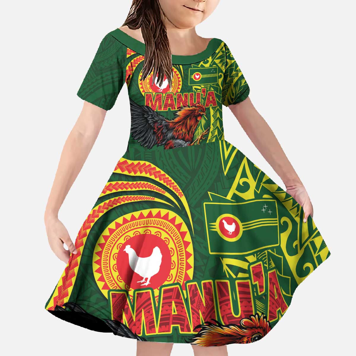 Proud of Manu'a Islands Family Matching Off The Shoulder Long Sleeve Dress and Hawaiian Shirt Rooster and Polynesian Art Wing Style