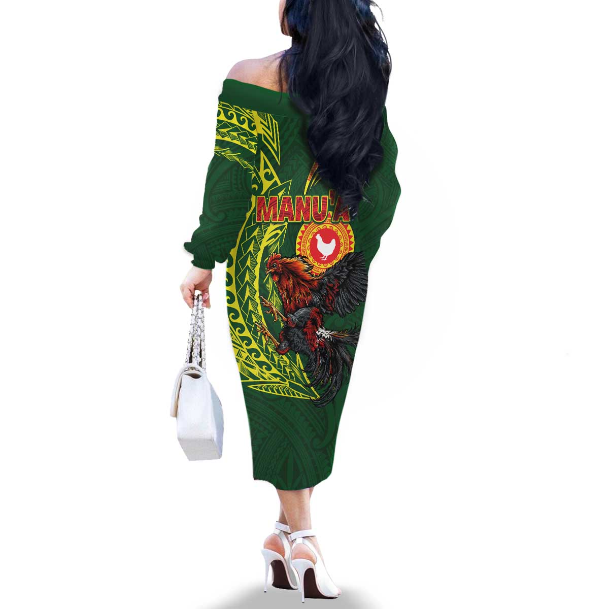Proud of Manu'a Islands Family Matching Off The Shoulder Long Sleeve Dress and Hawaiian Shirt Rooster and Polynesian Art Wing Style