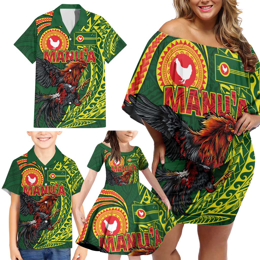 Proud of Manu'a Islands Family Matching Off Shoulder Short Dress and Hawaiian Shirt Rooster and Polynesian Art Wing Style LT03 - Polynesian Pride