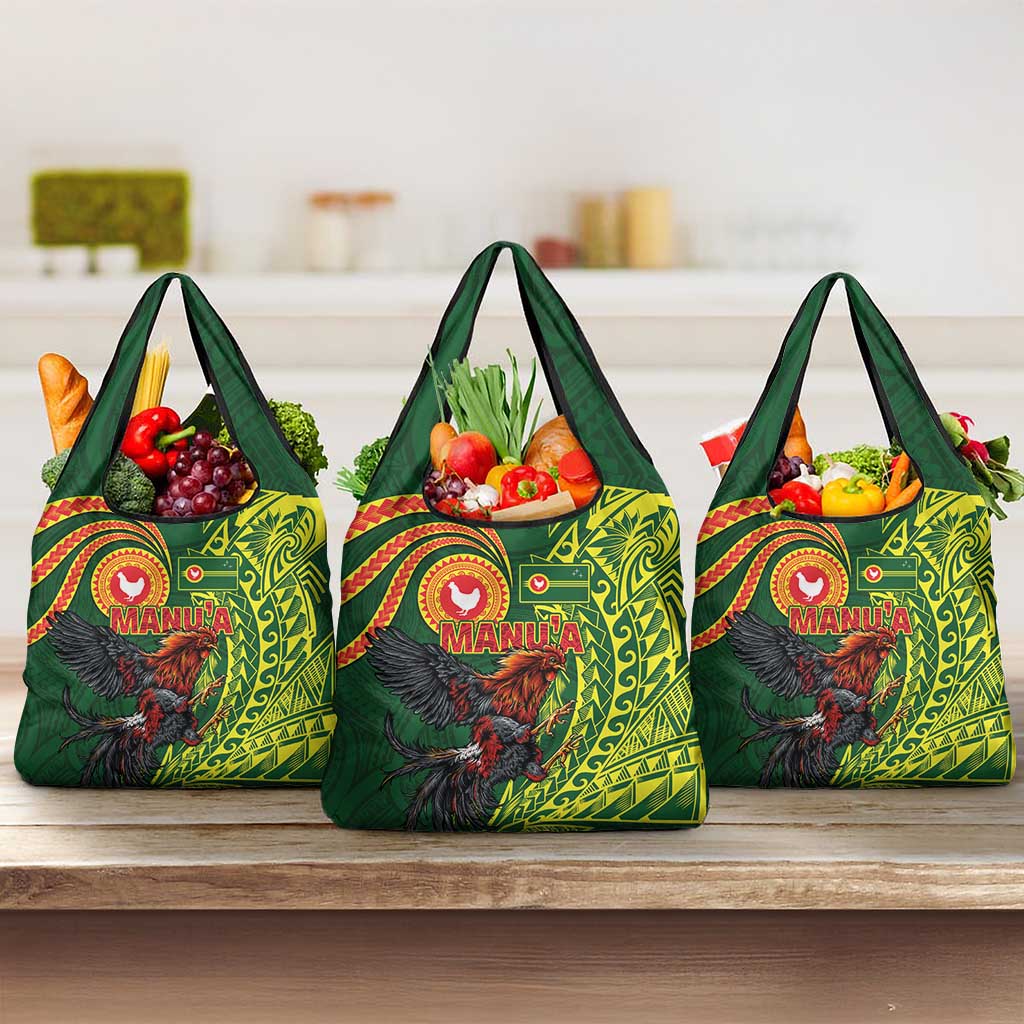Proud of Manu'a Islands Grocery Bag Rooster and Polynesian Art Wing Style LT03 3-pack One Size Green - Polynesian Pride