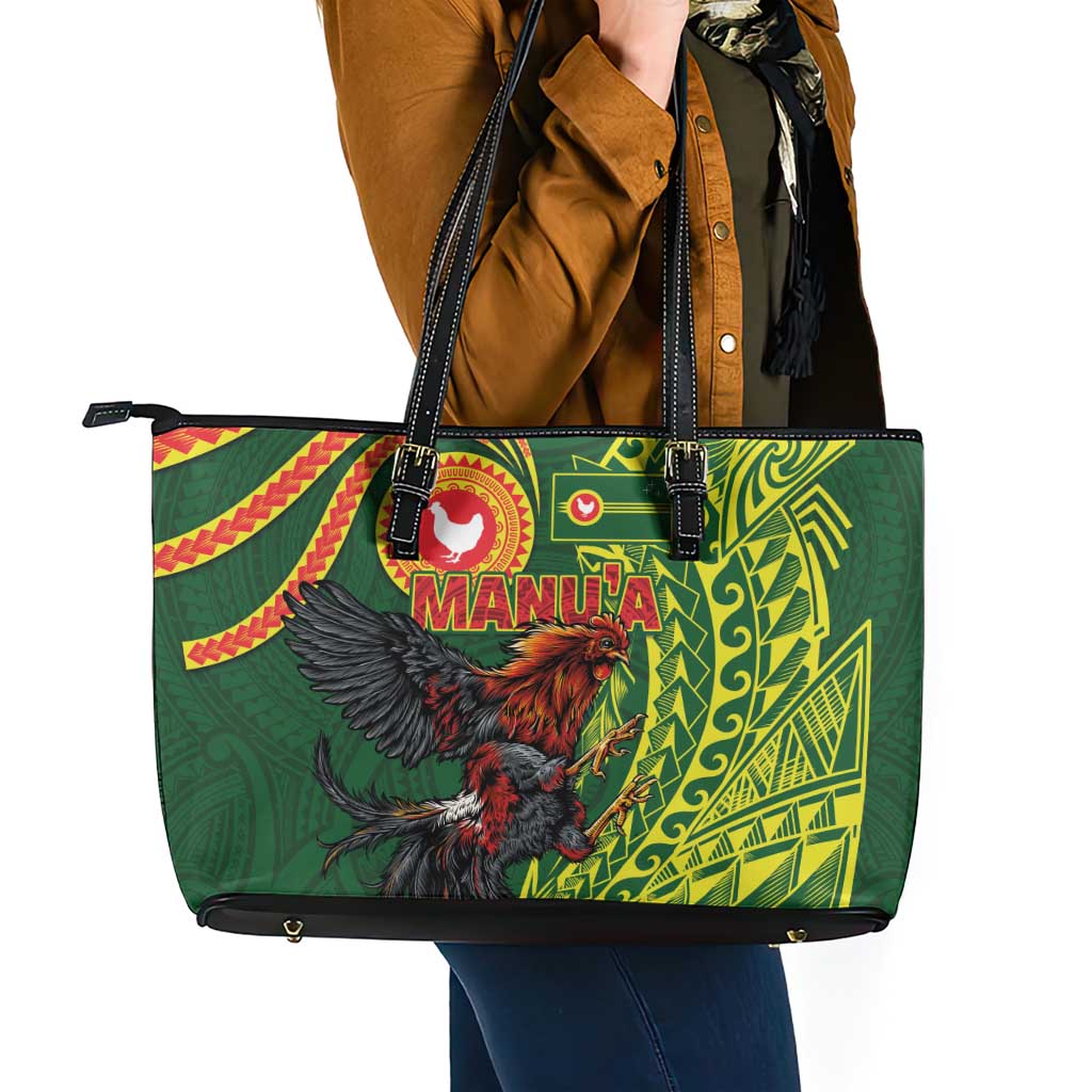 Proud of Manu'a Islands Leather Tote Bag Rooster and Polynesian Art Wing Style