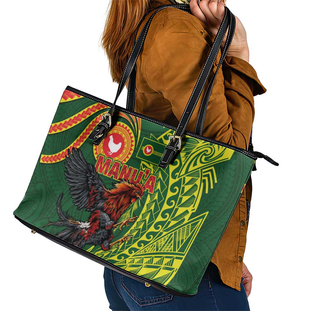 Proud of Manu'a Islands Leather Tote Bag Rooster and Polynesian Art Wing Style