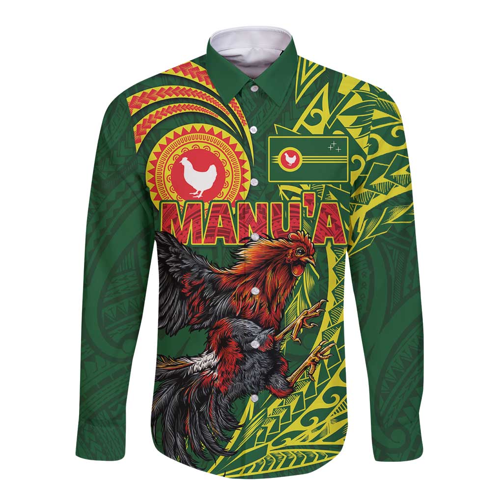 Proud of Manu'a Islands Long Sleeve Button Shirt Rooster and Polynesian Art Wing Style LT03 Unisex Green - Polynesian Pride