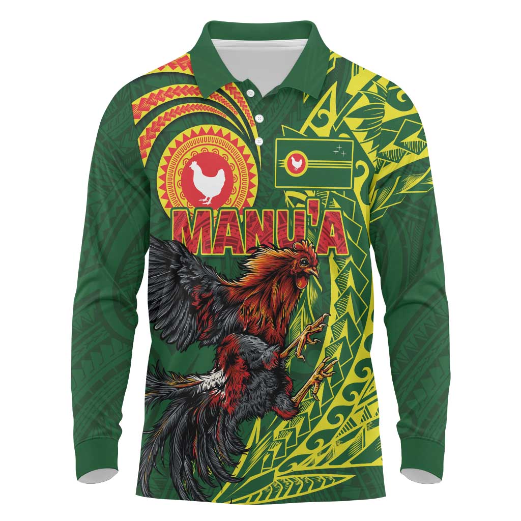 Proud of Manu'a Islands Long Sleeve Polo Shirt Rooster and Polynesian Art Wing Style