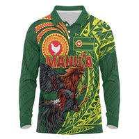 Proud of Manu'a Islands Long Sleeve Polo Shirt Rooster and Polynesian Art Wing Style
