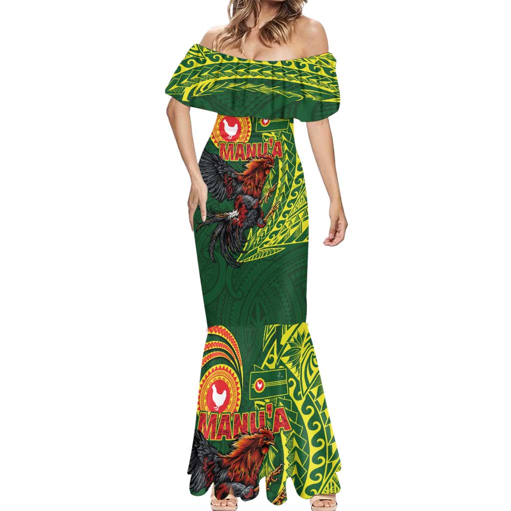 Proud of Manu'a Islands Mermaid Dress Rooster and Polynesian Art Wing Style