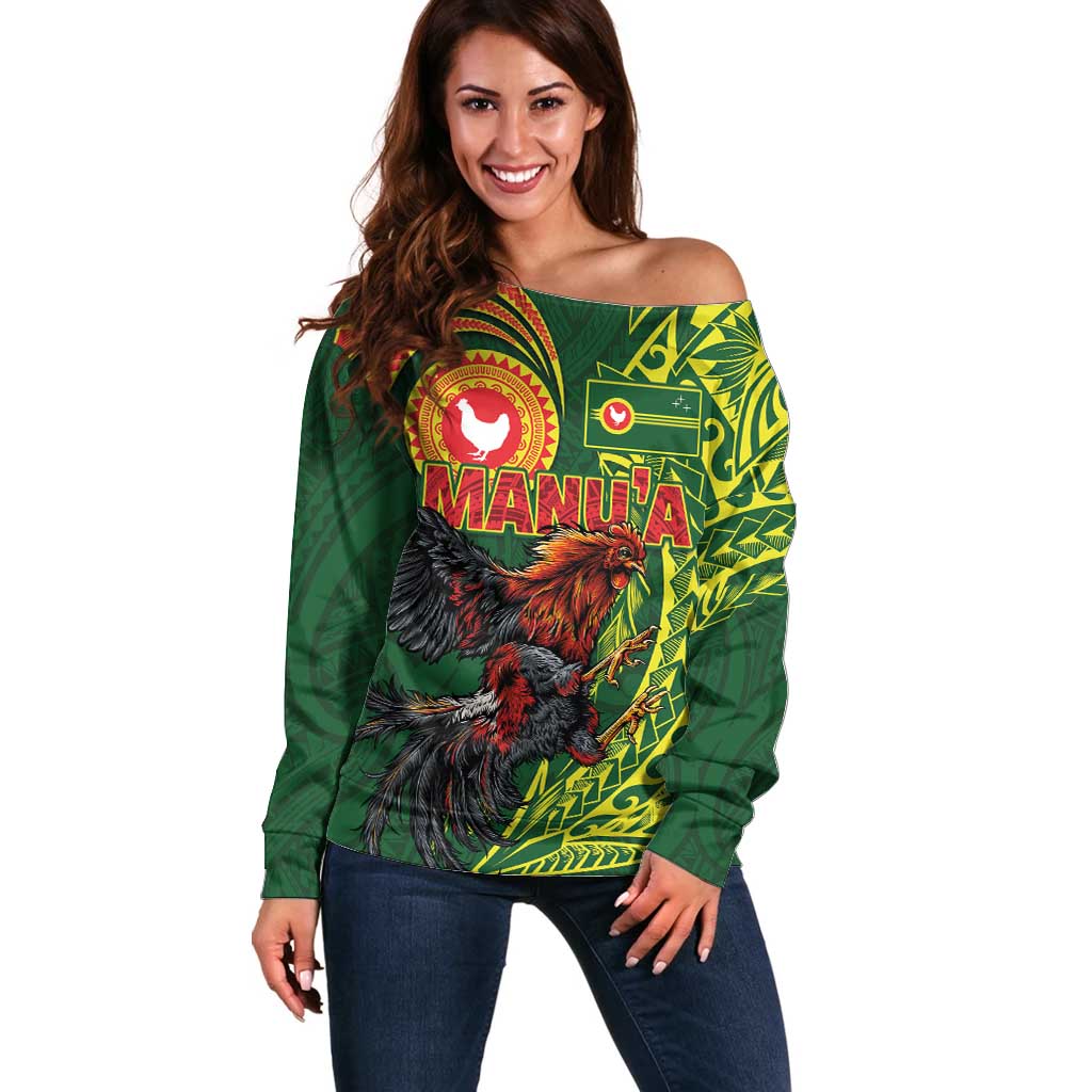 Proud of Manu'a Islands Off Shoulder Sweater Rooster and Polynesian Art Wing Style