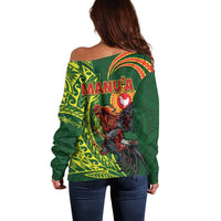 Proud of Manu'a Islands Off Shoulder Sweater Rooster and Polynesian Art Wing Style