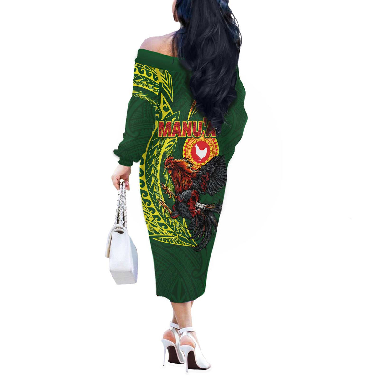 Proud of Manu'a Islands Off The Shoulder Long Sleeve Dress Rooster and Polynesian Art Wing Style
