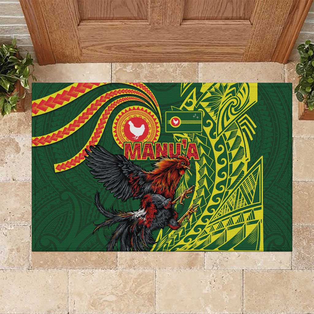 Proud of Manu'a Islands Rubber Doormat Rooster and Polynesian Art Wing Style LT03 Green - Polynesian Pride
