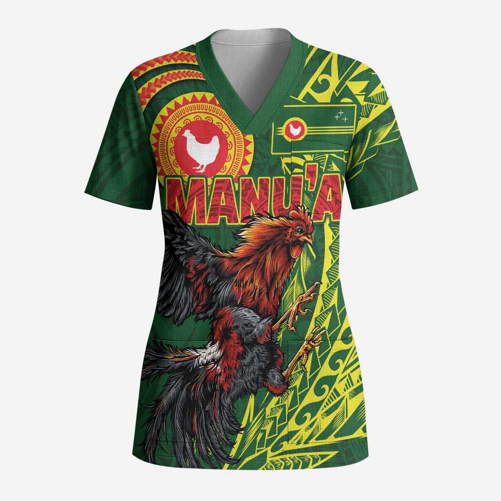 Proud of Manu'a Islands Scrub Top Rooster and Polynesian Art Wing Style LT03 Adult Green - Polynesian Pride