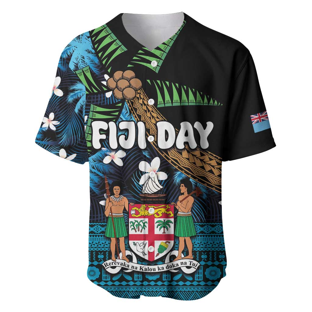 Fiji Day Baseball Jersey Palm Tree With Plumeria Tapa Tribal Pattern