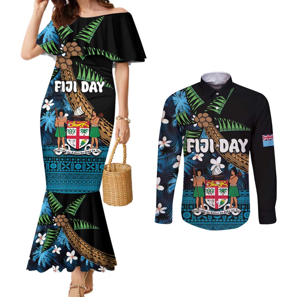 Fiji Day Couples Matching Mermaid Dress and Long Sleeve Button Shirt Palm Tree With Plumeria Tapa Tribal Pattern