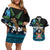 Fiji Day Couples Matching Off Shoulder Short Dress and Hawaiian Shirt Palm Tree With Plumeria Tapa Tribal Pattern