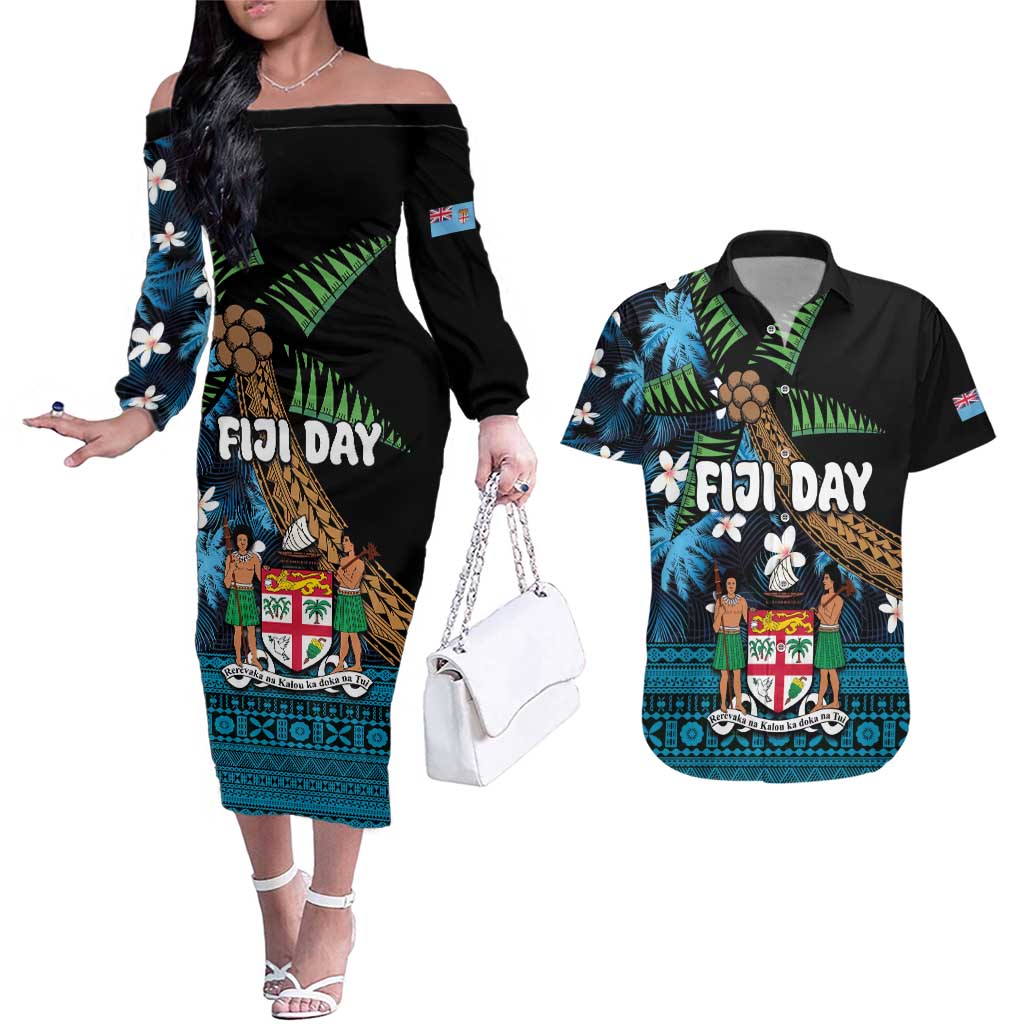 Fiji Day Couples Matching Off The Shoulder Long Sleeve Dress and Hawaiian Shirt Palm Tree With Plumeria Tapa Tribal Pattern