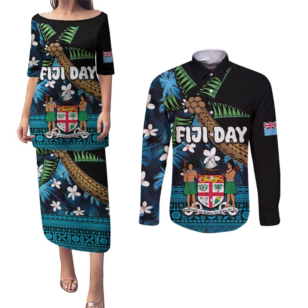 Fiji Day Couples Matching Puletasi and Long Sleeve Button Shirt Palm Tree With Plumeria Tapa Tribal Pattern