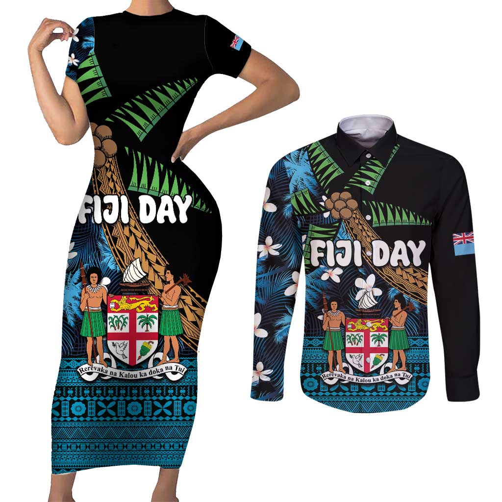 Fiji Day Couples Matching Short Sleeve Bodycon Dress and Long Sleeve Button Shirt Palm Tree With Plumeria Tapa Tribal Pattern