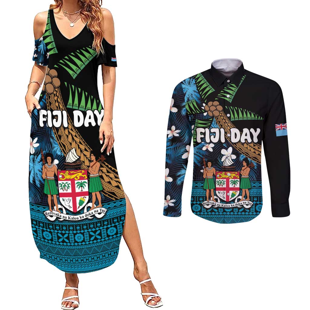 Fiji Day Couples Matching Summer Maxi Dress and Long Sleeve Button Shirt Palm Tree With Plumeria Tapa Tribal Pattern