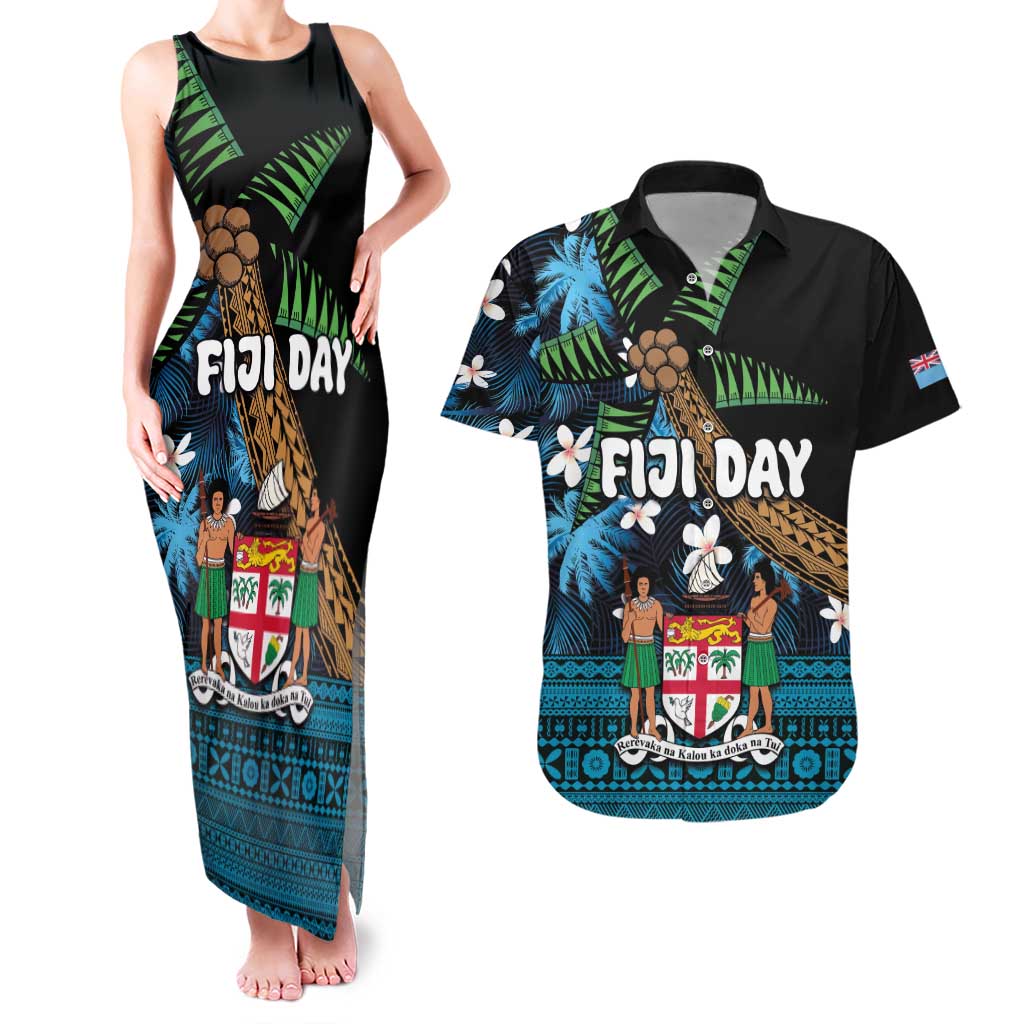 Fiji Day Couples Matching Tank Maxi Dress and Hawaiian Shirt Palm Tree With Plumeria Tapa Tribal Pattern